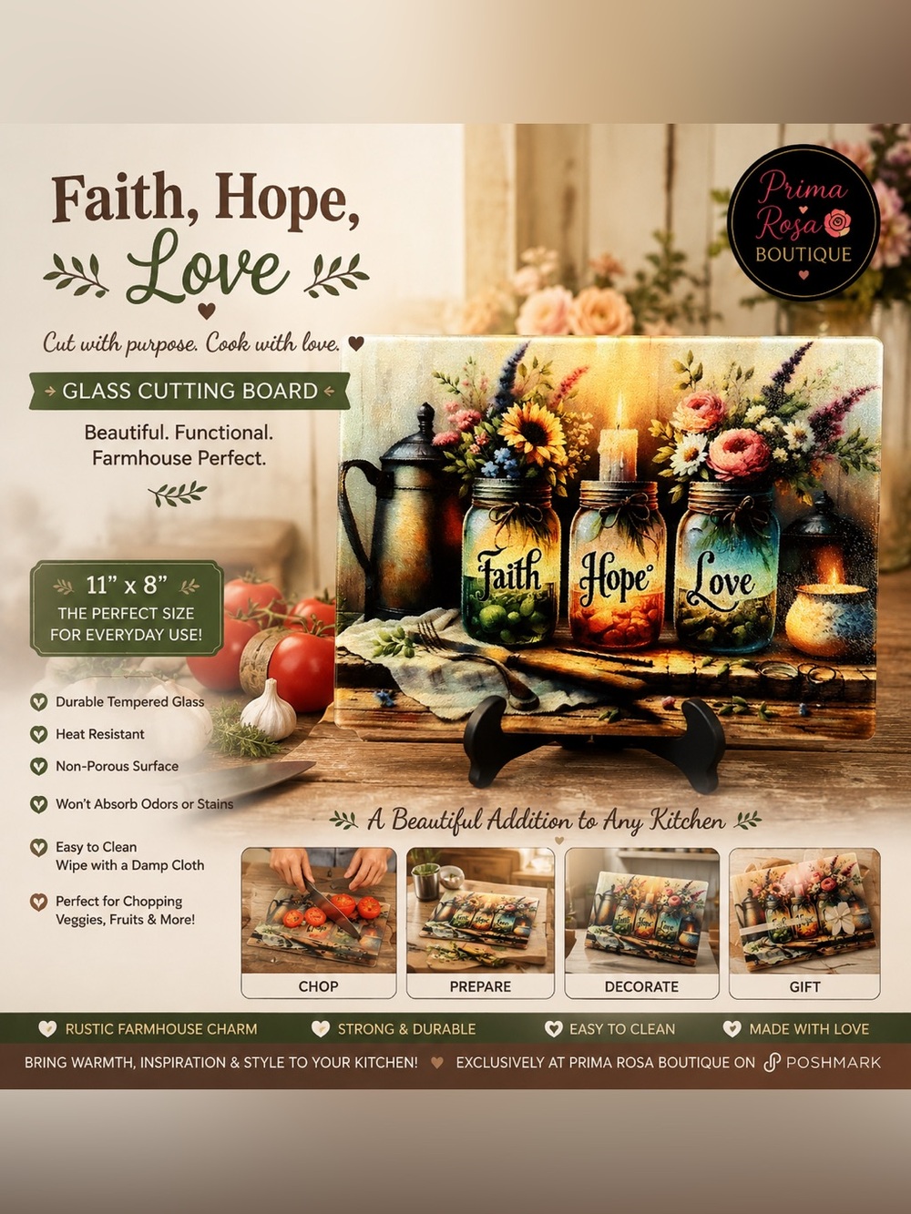 Rustic Faith Hope Love Kitchen Glass Cutting Board